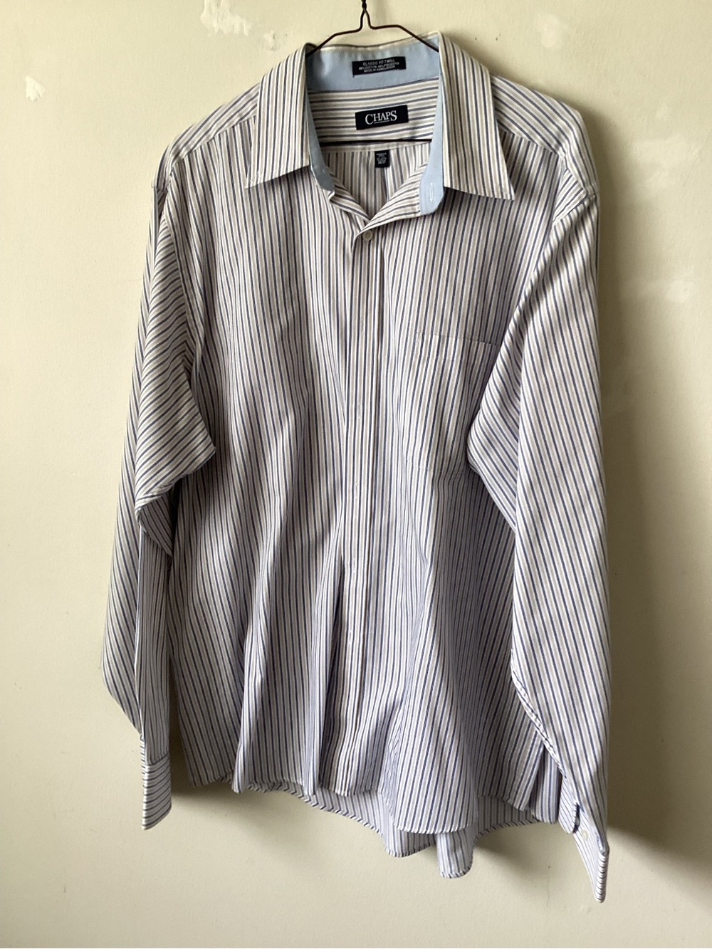 Chaps Men's White Dress button down Shirt with Blue Pinstripes